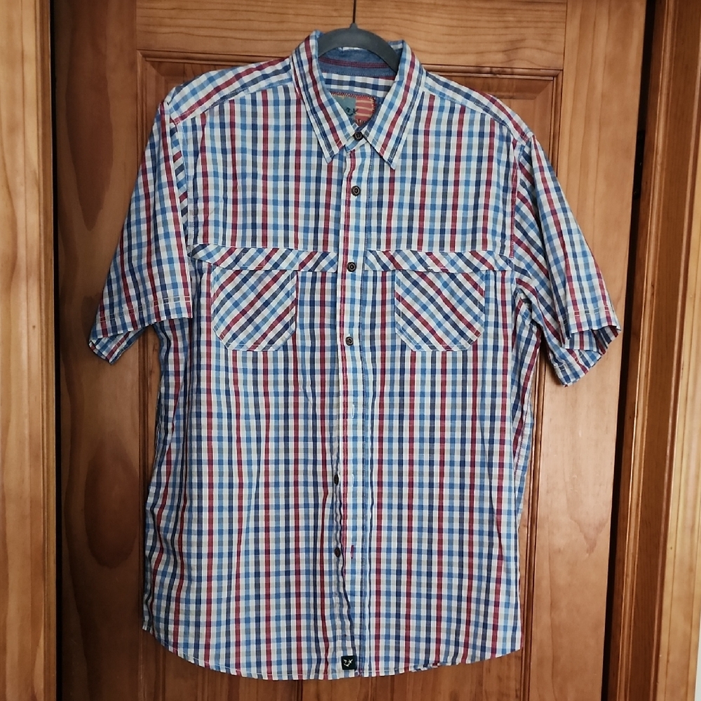 Mens, Casual Button Down Shirt, Size Large, Red, White ,Blue Plaid